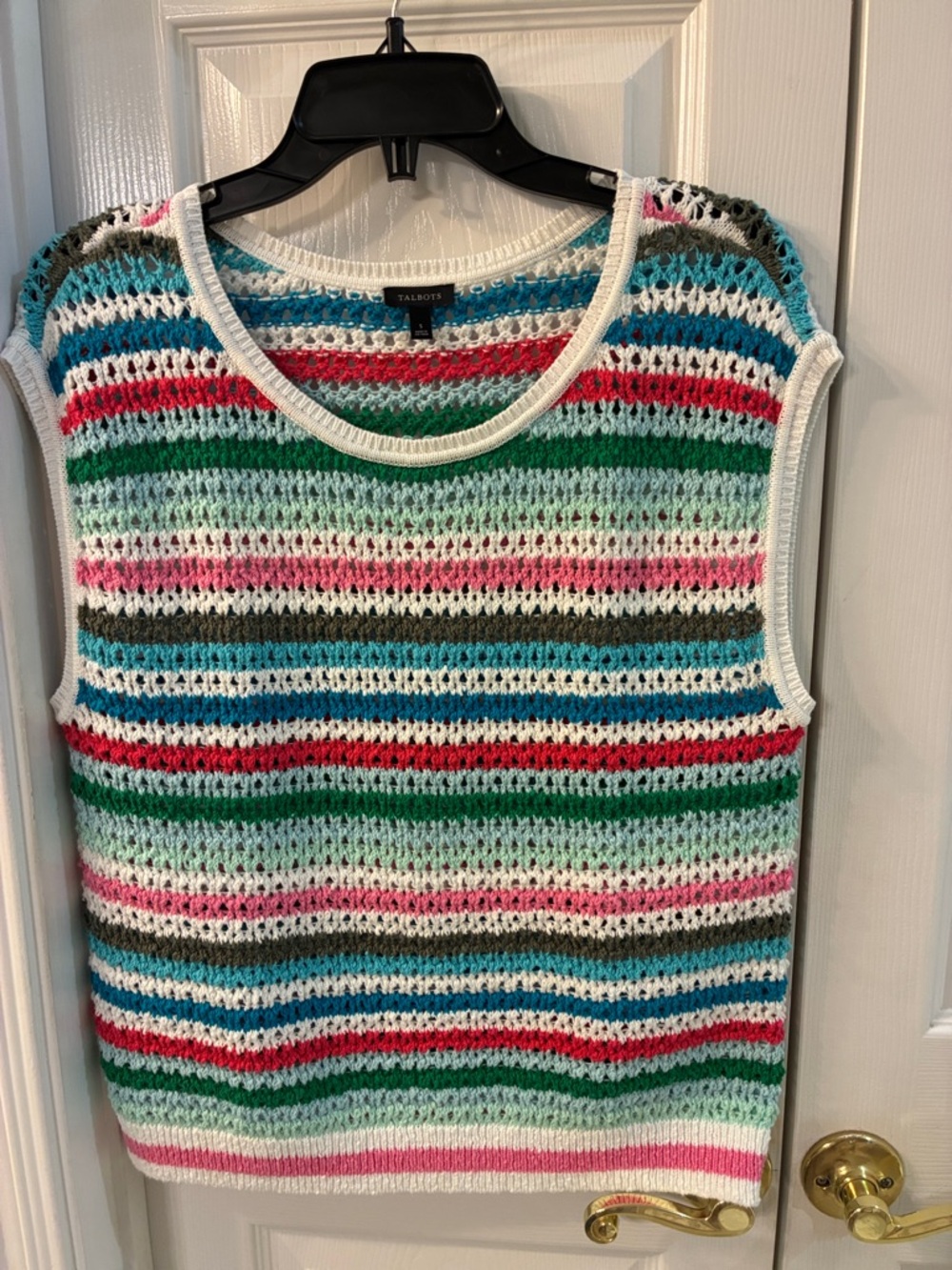 Talbots Colorful Striped Crochet Knit  Sweater Top With White Trim SZ S